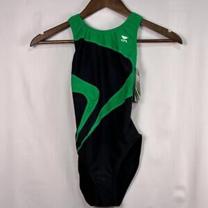 TYR Women’s One-Piece Competitive Swimsuit Size 28 Black Green MaxFit NWT